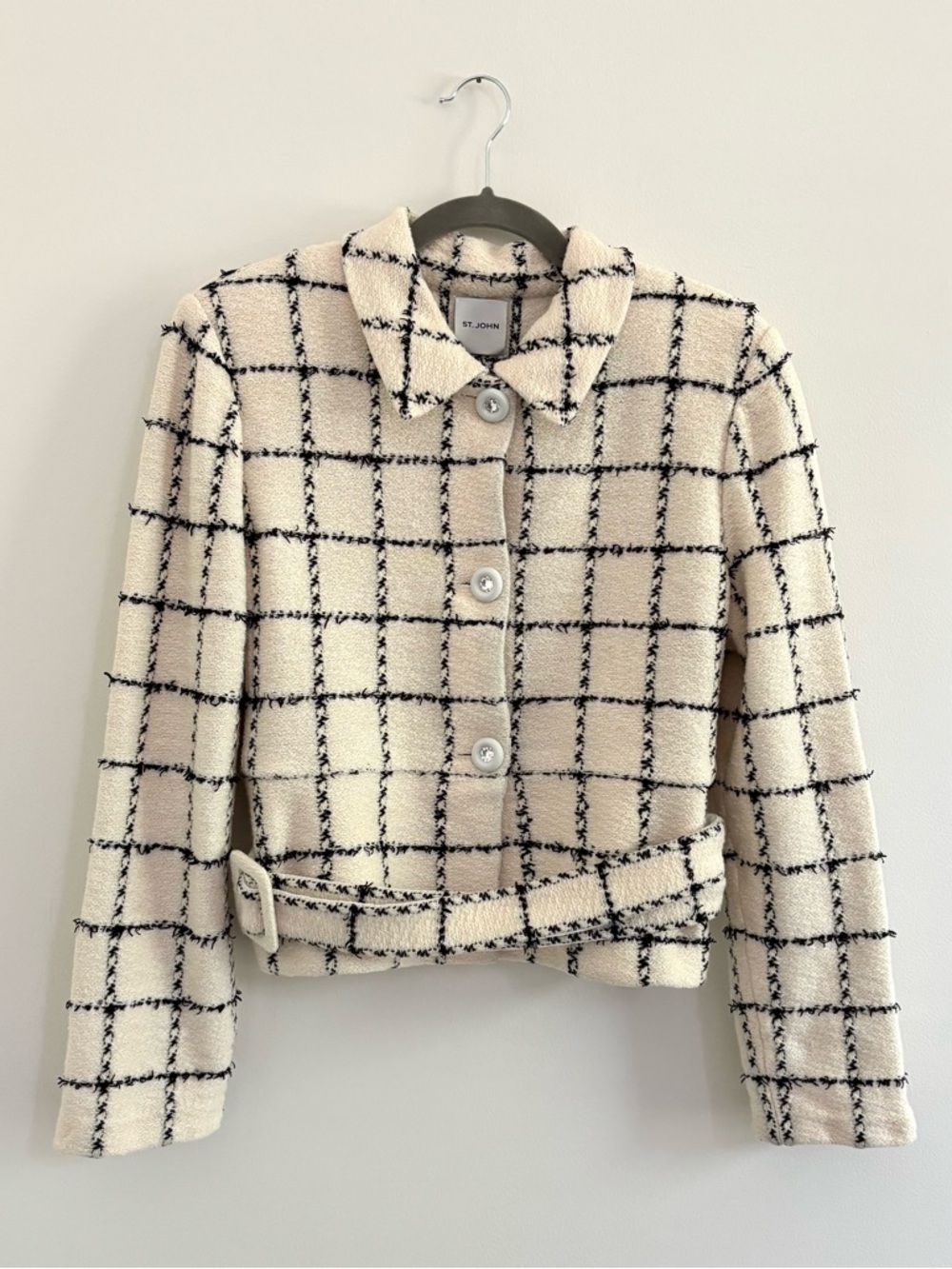 St. John Eyelash Windowpane Knit Belted Jacket Tweed Wool-Blend Jacket Sz 10 - Picture 3 of 8